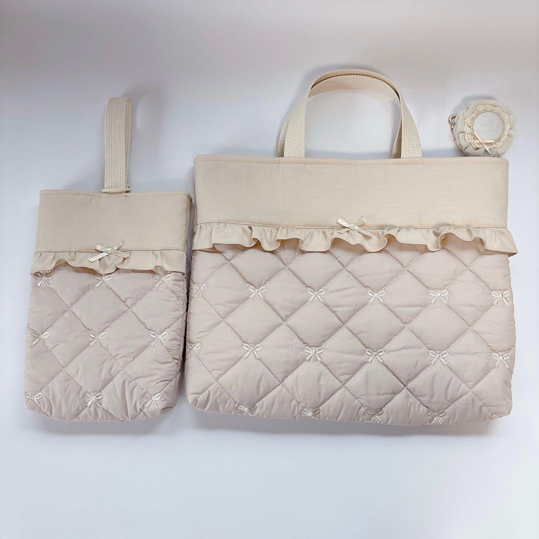 りぼん　刺繍生地　ヌビ　キルト　キルティング　レッスンバッグ　上履き袋　体操着袋