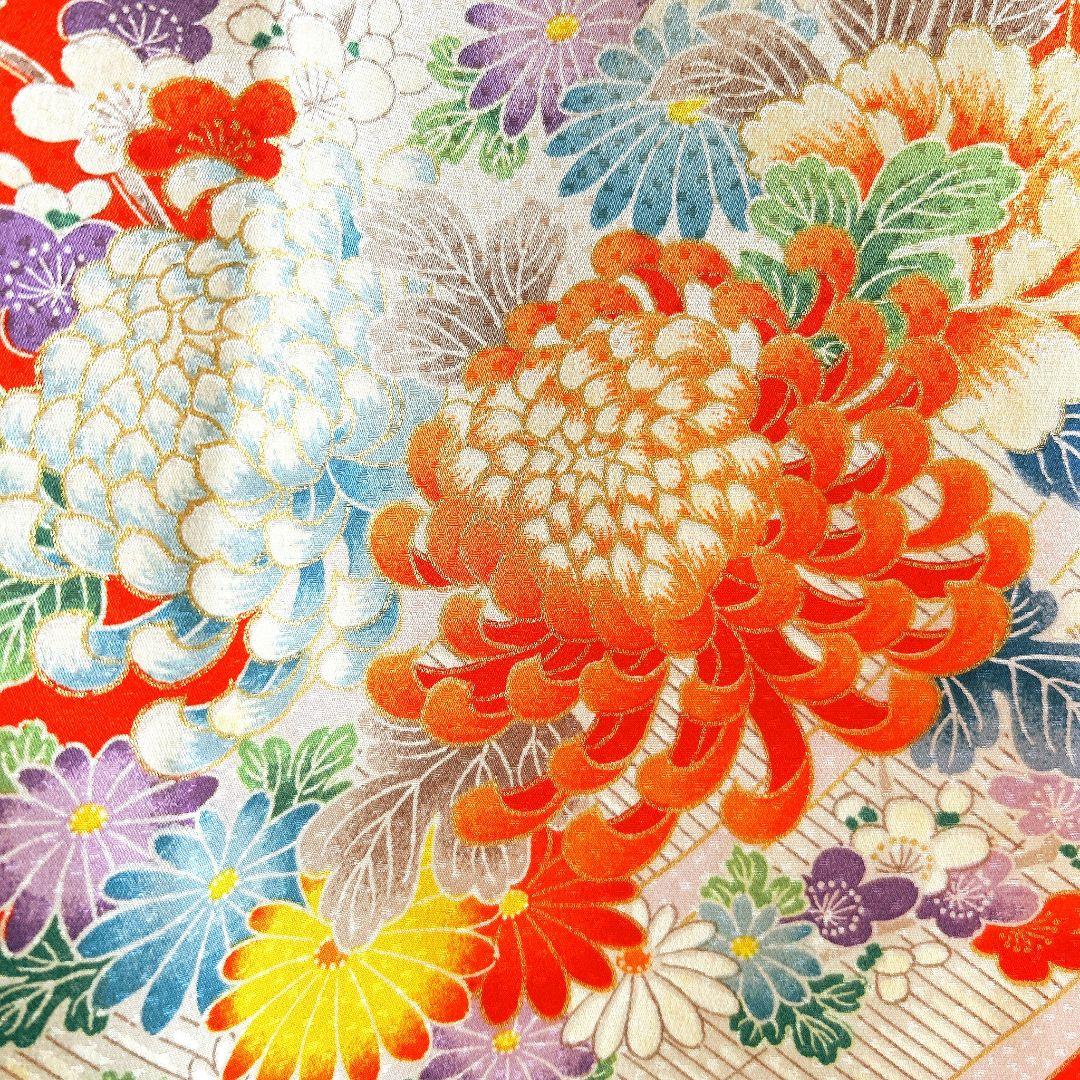 セット　七五三　7歳女の子　長着＆袋帯＆袖なし長襦袢＆小物　オレンジ地　菊金糸