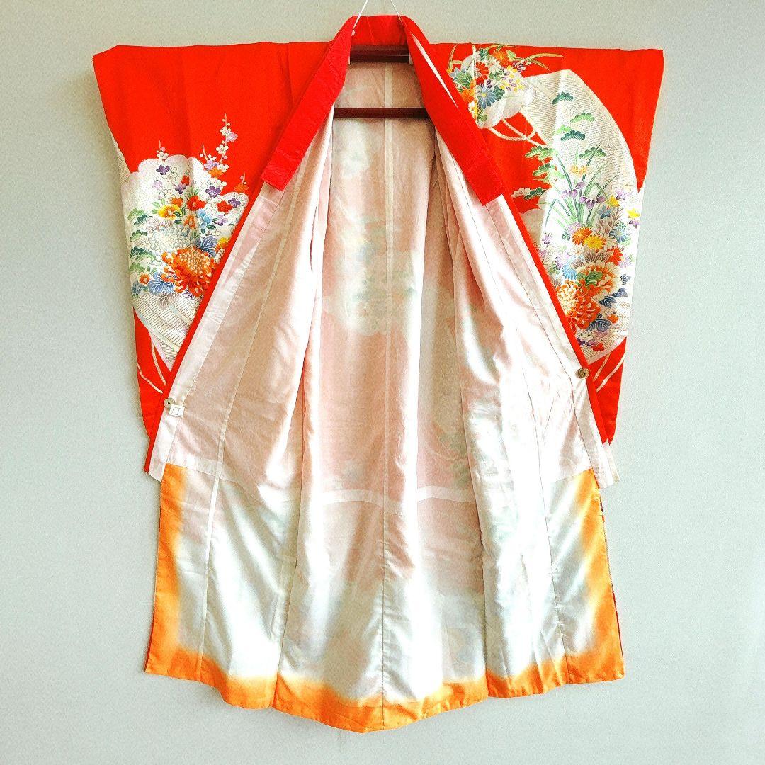 セット　七五三　7歳女の子　長着＆袋帯＆袖なし長襦袢＆小物　オレンジ地　菊金糸