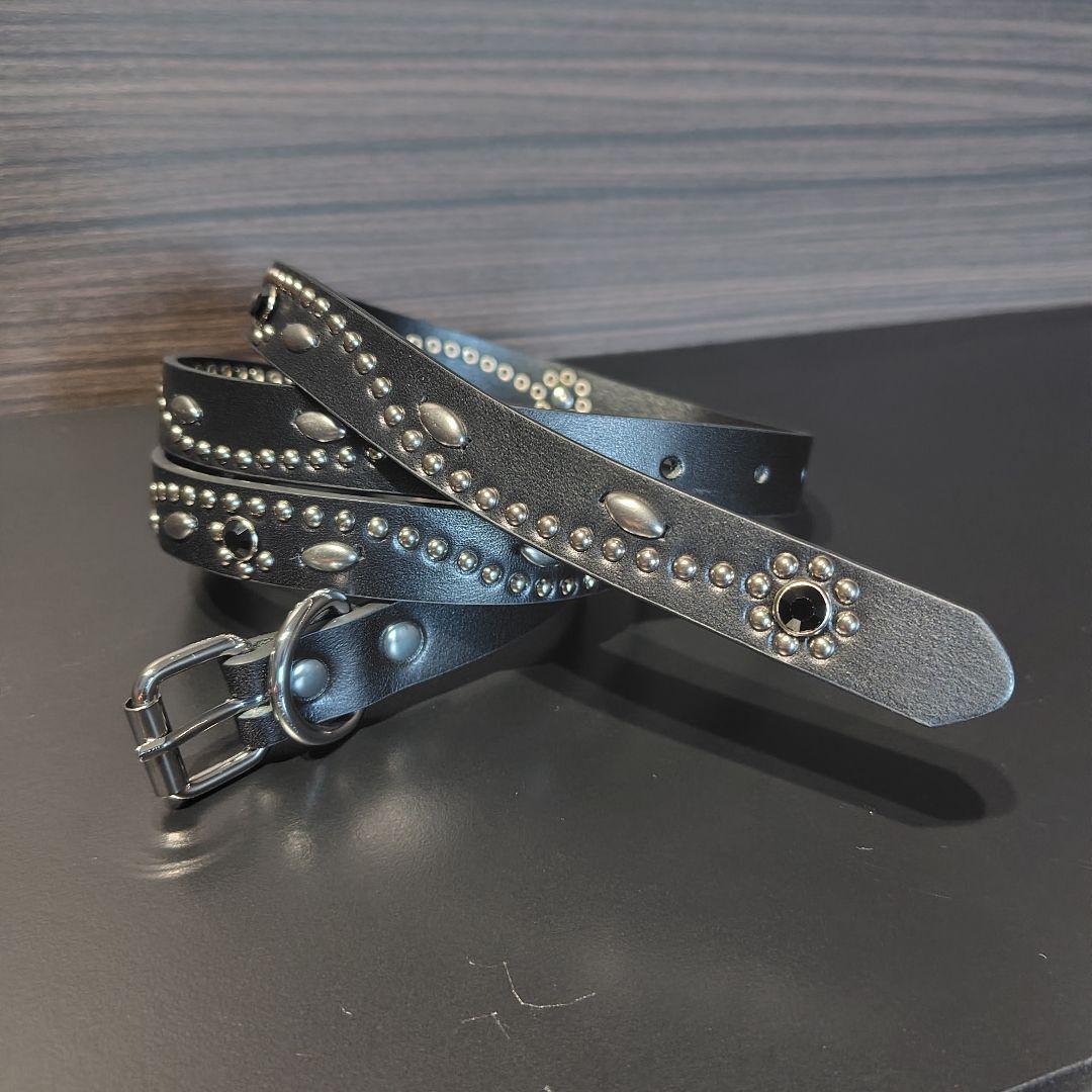 フラワー黒■本革レザーフルスタッズナローベルト☆ブラックダイヤモンドオニキス