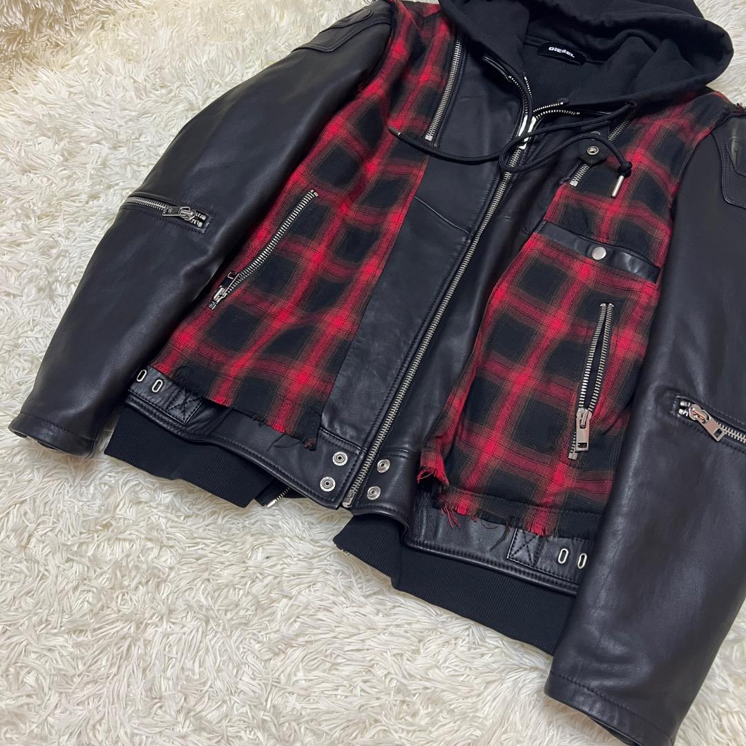【希少】DIESEL レザー×チェック フーディ ライダース XXL 希少モデル