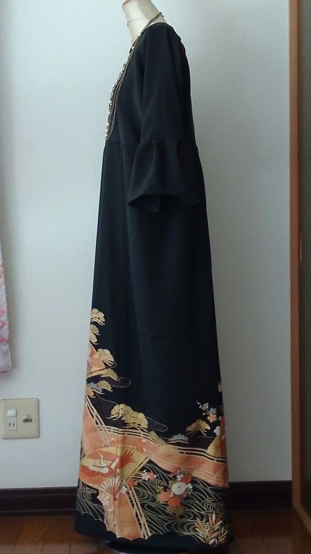 着物リメイクワンピース 留袖ドレス 橋と扇子