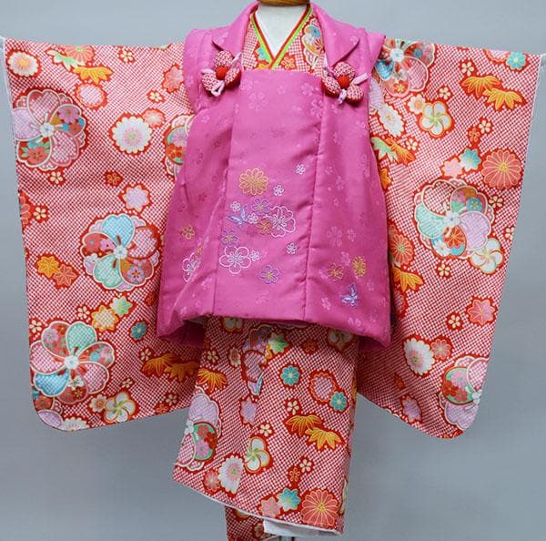 七五三 三歳 女児 被布 着物 フルセット 赤色×ピンク 花ひめ お仕立て無料