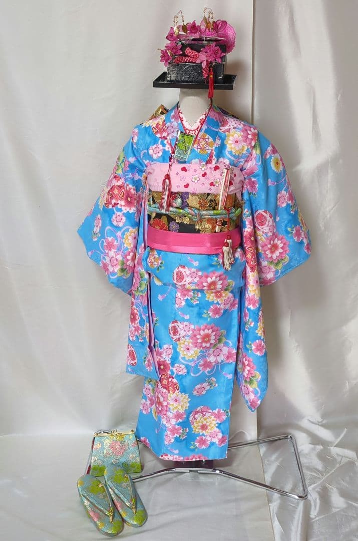 七五三　７歳　人気水色着物　おしゃれコーディネート一式　簪セット付き