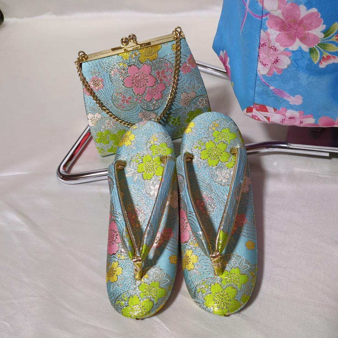 七五三　７歳　人気水色着物　おしゃれコーディネート一式　簪セット付き