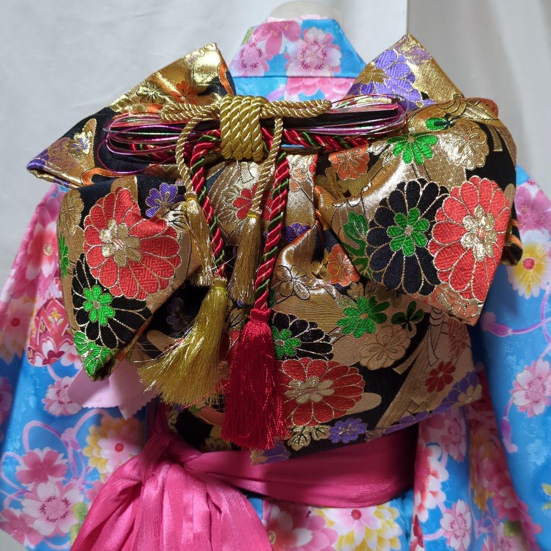 七五三　７歳　人気水色着物　おしゃれコーディネート一式　簪セット付き