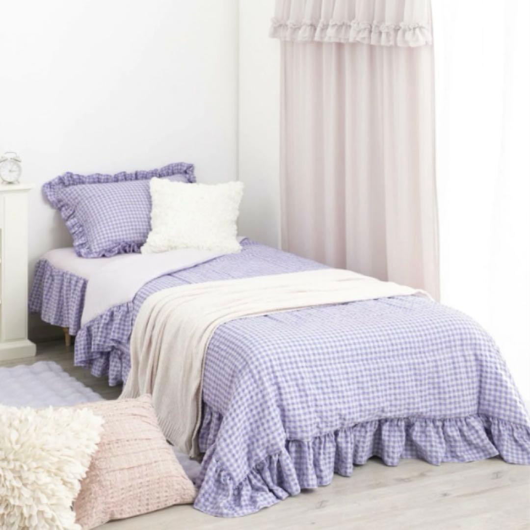 ふわろ 肌掛けふとん フリルチェック ダブル ピンク×パープル