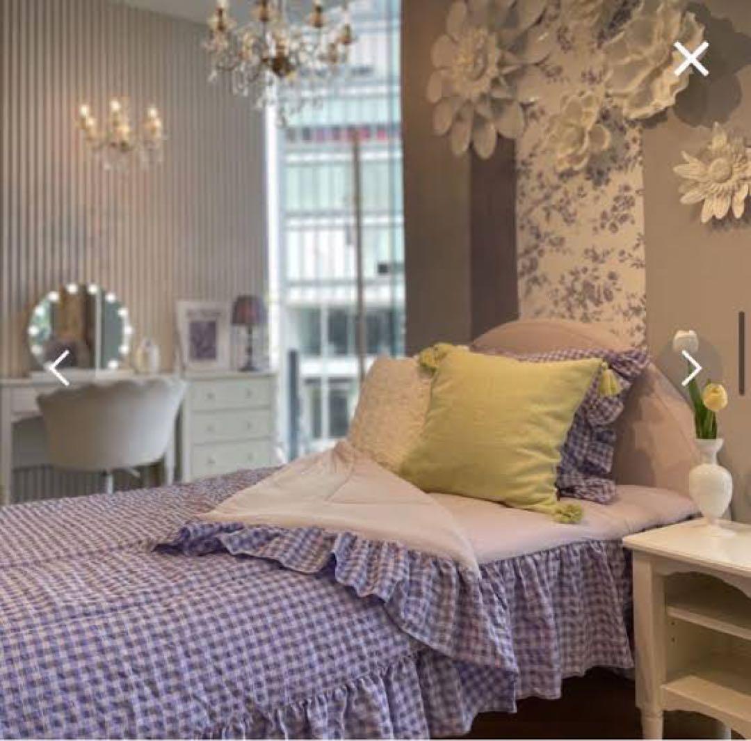 ふわろ 肌掛けふとん フリルチェック ダブル ピンク×パープル