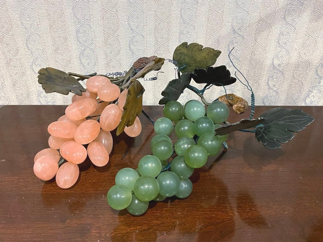 中国美術 翡翠 ローズクォーツ 紅水晶 葡萄 置物 ぶどう ブドウ