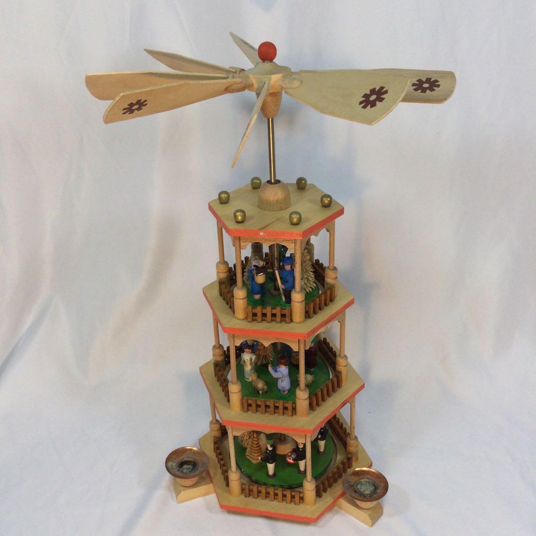 クリスマス　飾り　蝋燭3本　3段　回転　木製　ヴィンテージ　（2088）