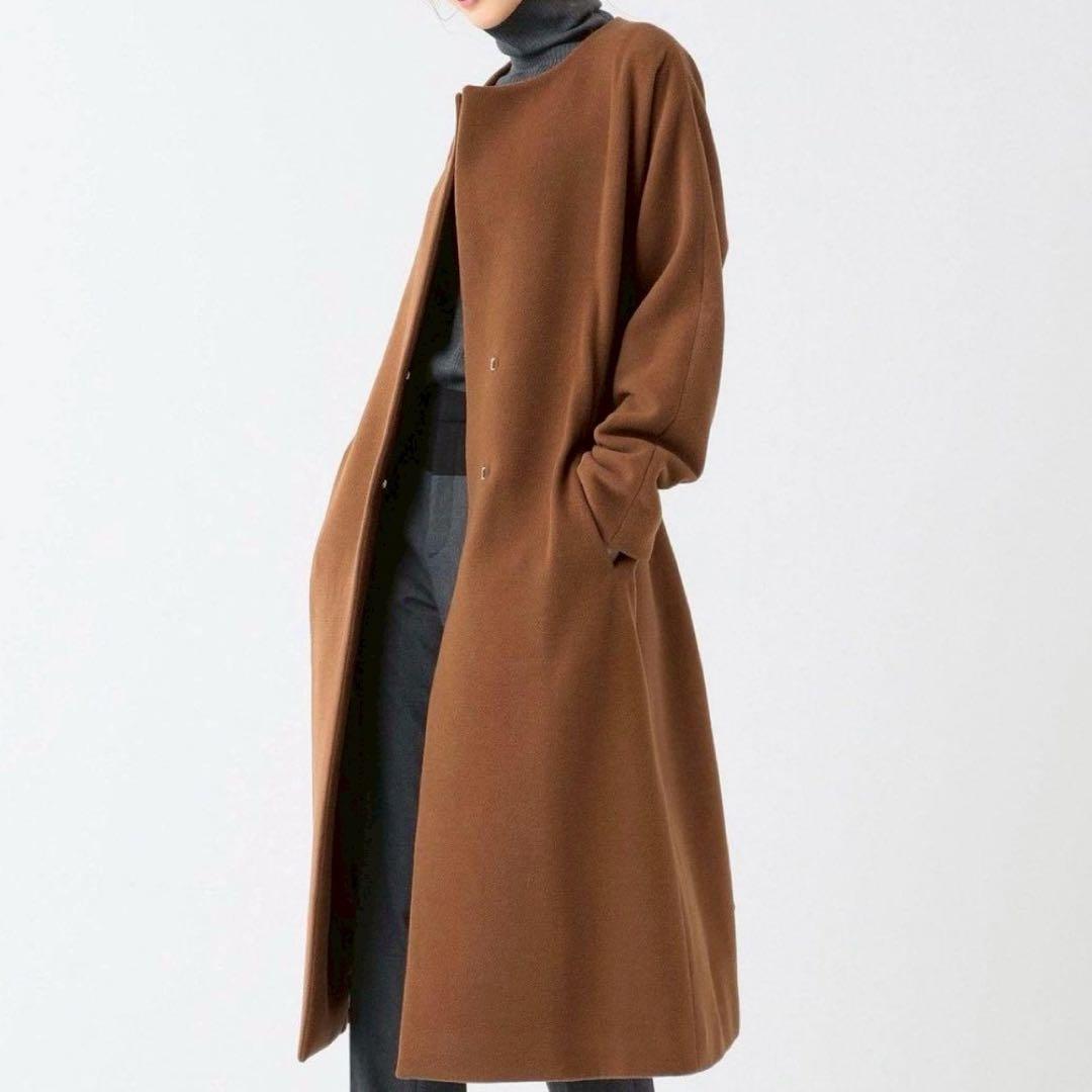 BEIGE, BLUNTS ノーカラーコート アンゴラ混 ベルト付き ブラウン