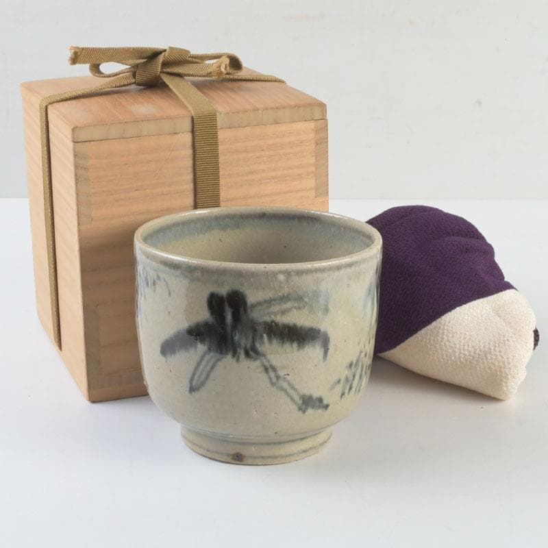 中国　呉須染付　花草昆虫文　茶碗　仕覆・時代箱付　C　9454