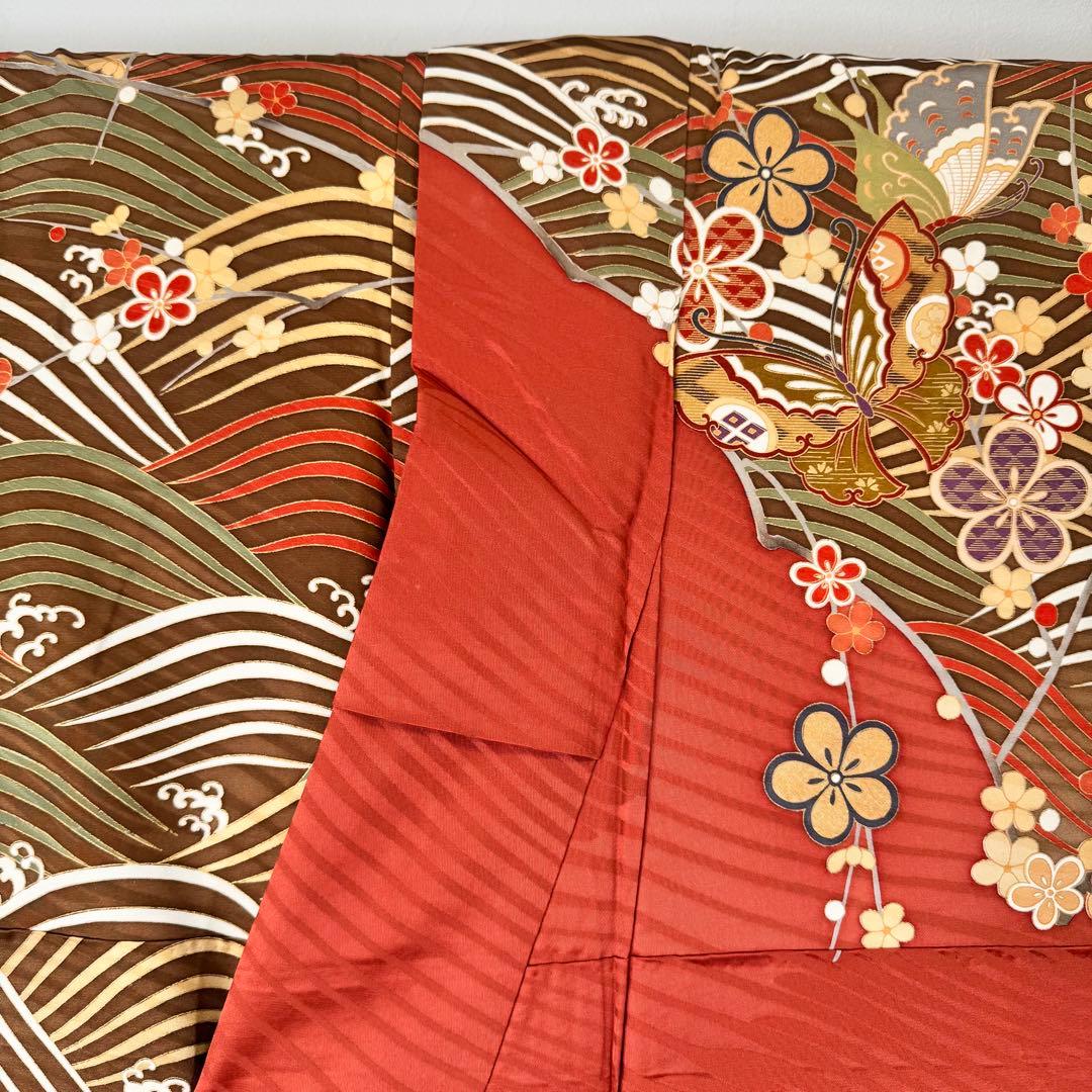 超美品　振袖　現代　振袖　成人式　着物　164裄66.5 茶色　ピンク　蝶々　梅