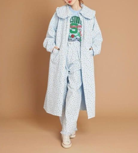 リトルサニーバイト フラワー プリント ロング デニム ジャケット ブルー M