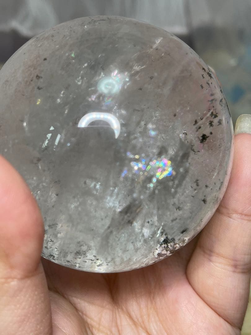 綺麗　天然石　 レインボー アイリスクォーツ　緑幽霊　共生 水晶丸玉 スフィア