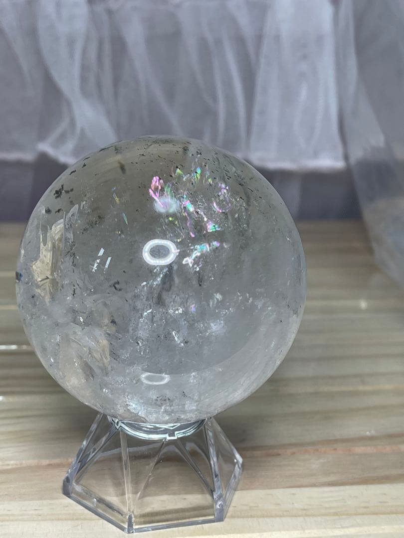 綺麗　天然石　 レインボー アイリスクォーツ　緑幽霊　共生 水晶丸玉 スフィア