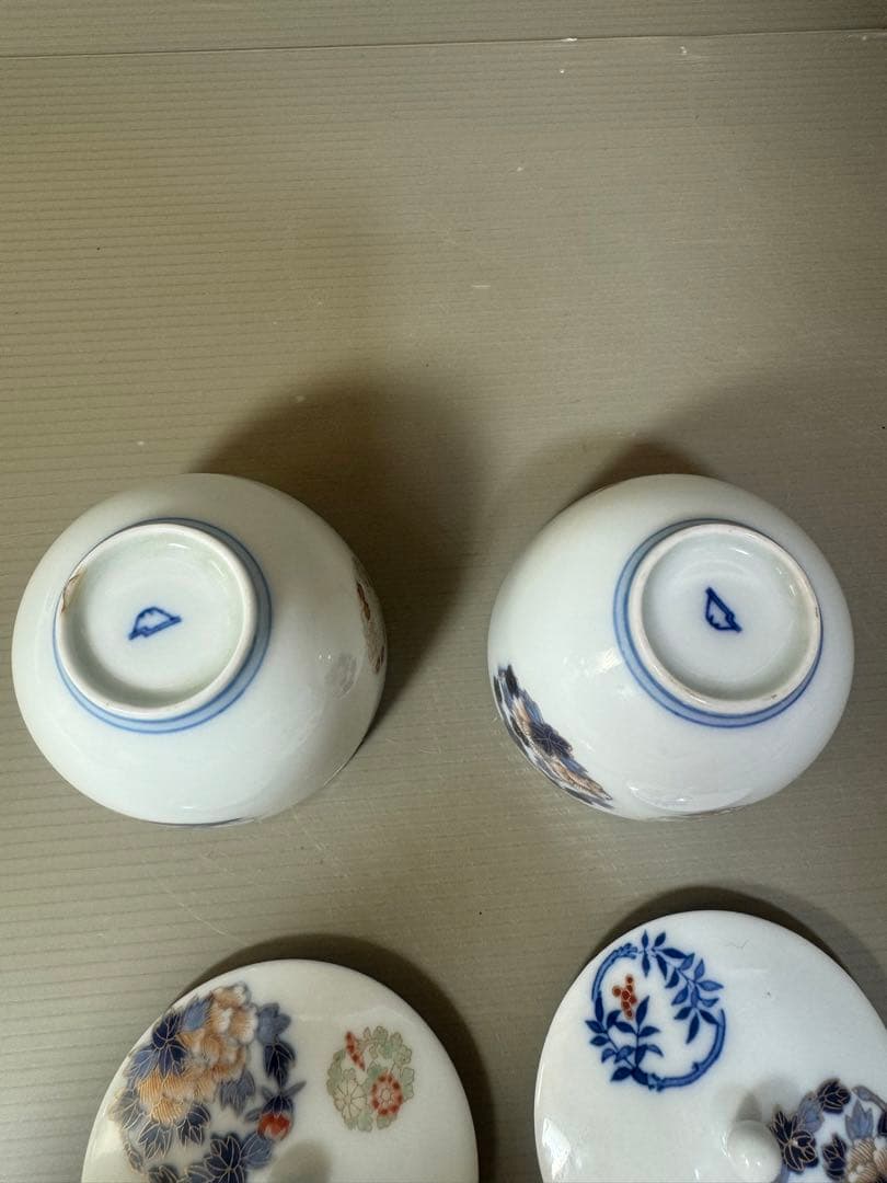 2394 深川製磁 染錦花丸文　湯呑蓋付　2客　時代物