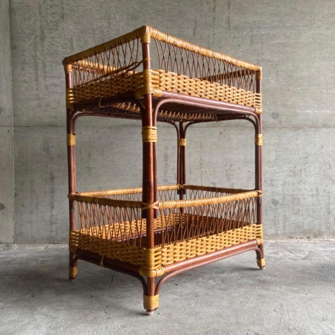 籐 ラタン 脱衣籠 カゴ バスケット タオル掛け 2段 収納 ツートン レトロ