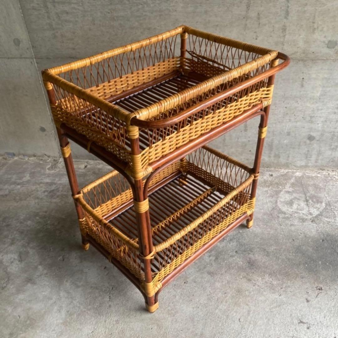 籐 ラタン 脱衣籠 カゴ バスケット タオル掛け 2段 収納 ツートン レトロ