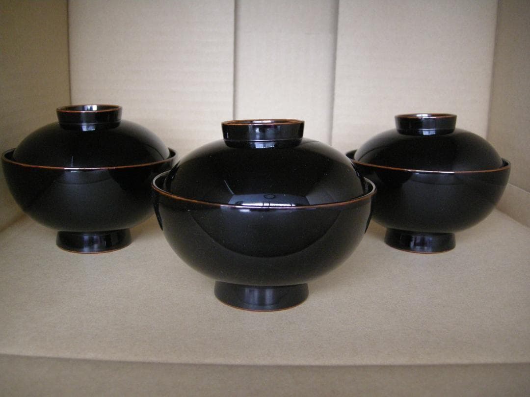 希少　美品　輪島塗　漆器　高洲堂　蓋付き吸物椀　3客