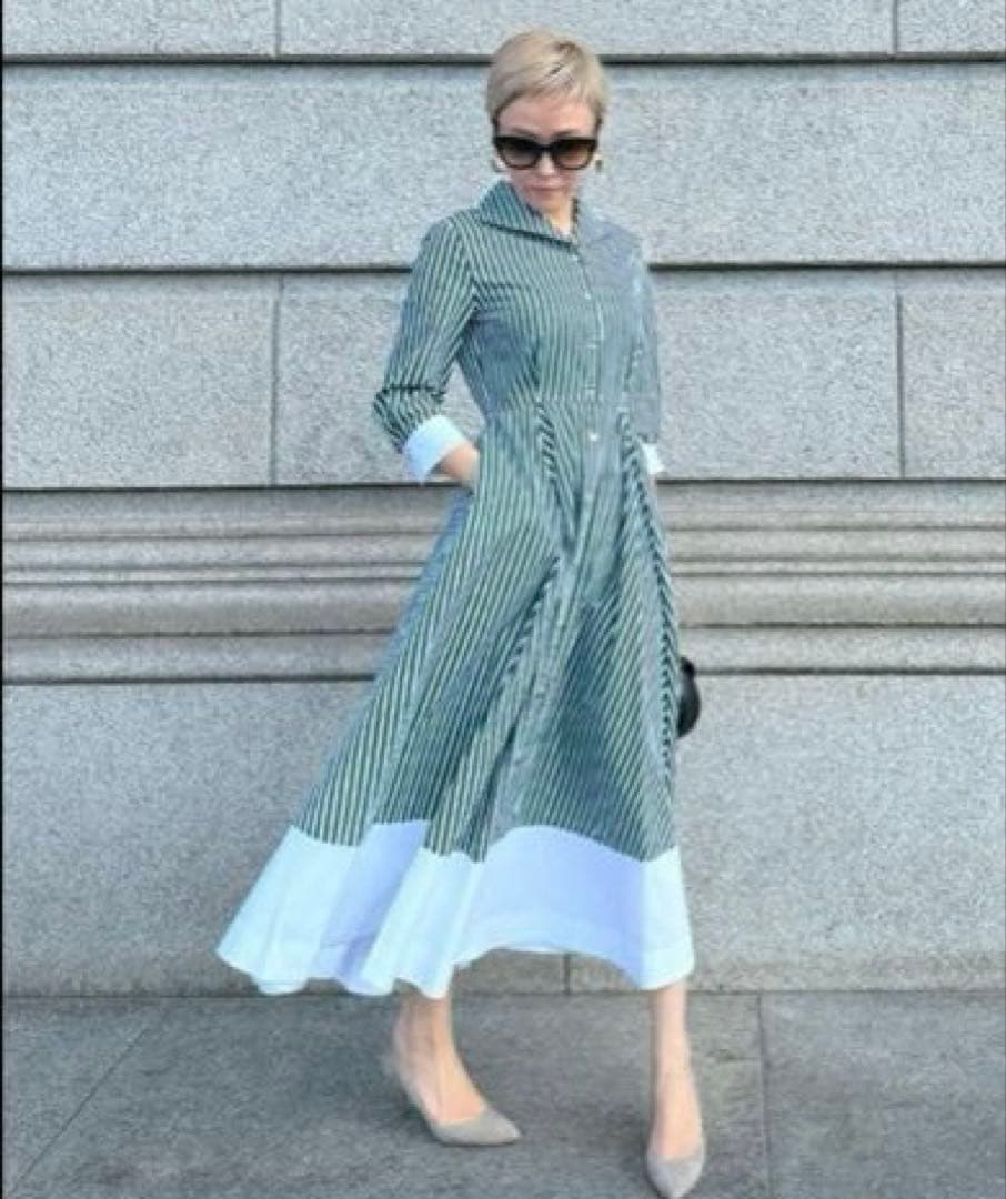 JENNEシャープ配色ワンピースMグリーン