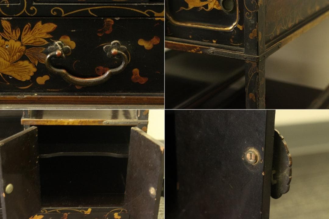 小夜 古美術 纏枝蓮花紋 吉祥蒔絵 棚 時代物 大名道具(AZ999)