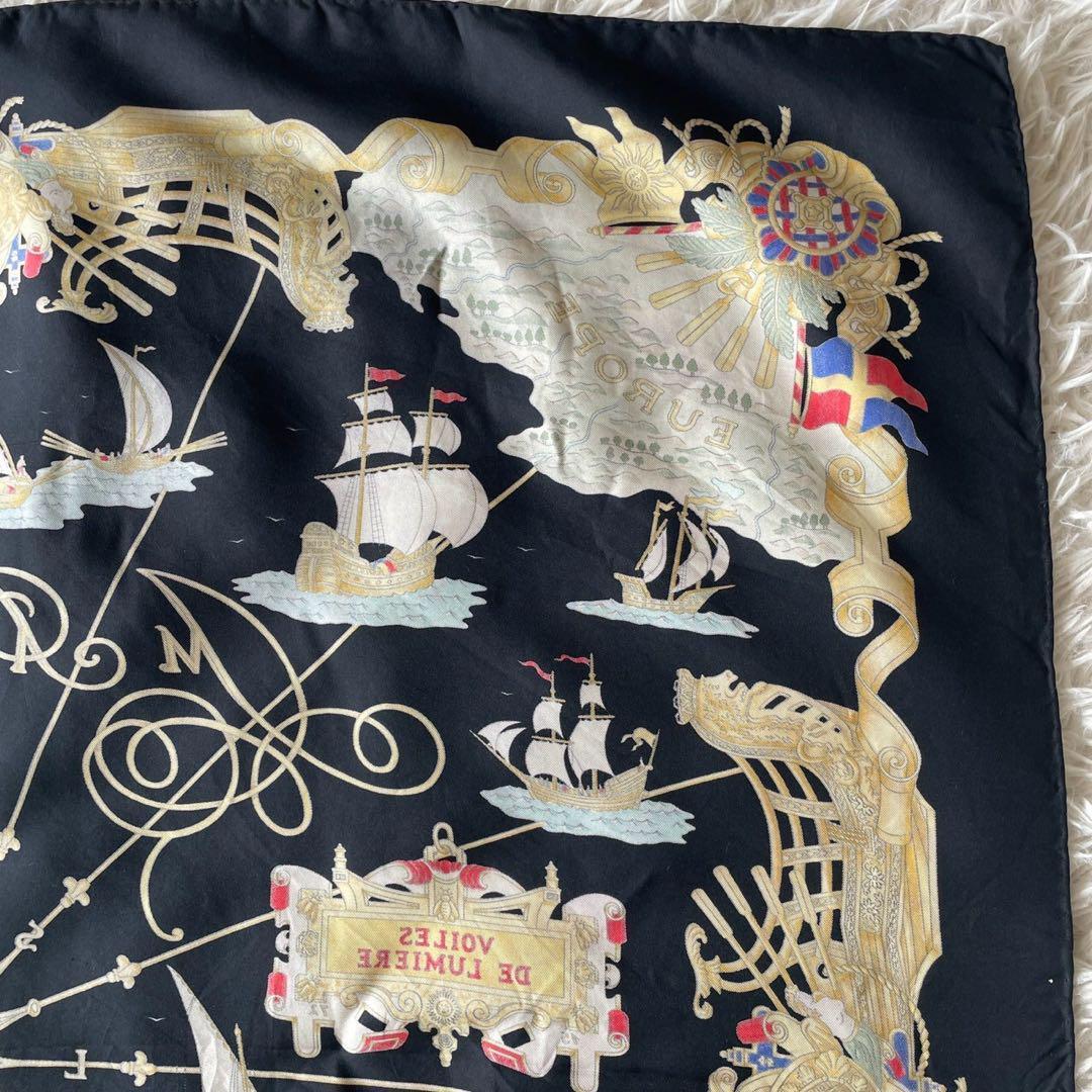 美品☆HERMES エルメス スカーフ カレ90 シルク 光の帆船 ブラック