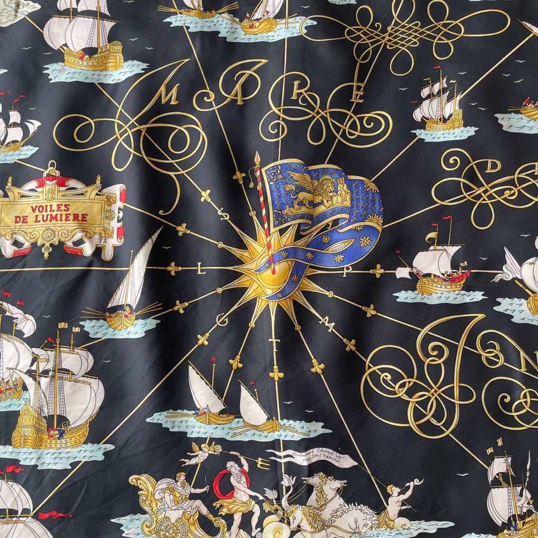 美品☆HERMES エルメス スカーフ カレ90 シルク 光の帆船 ブラック