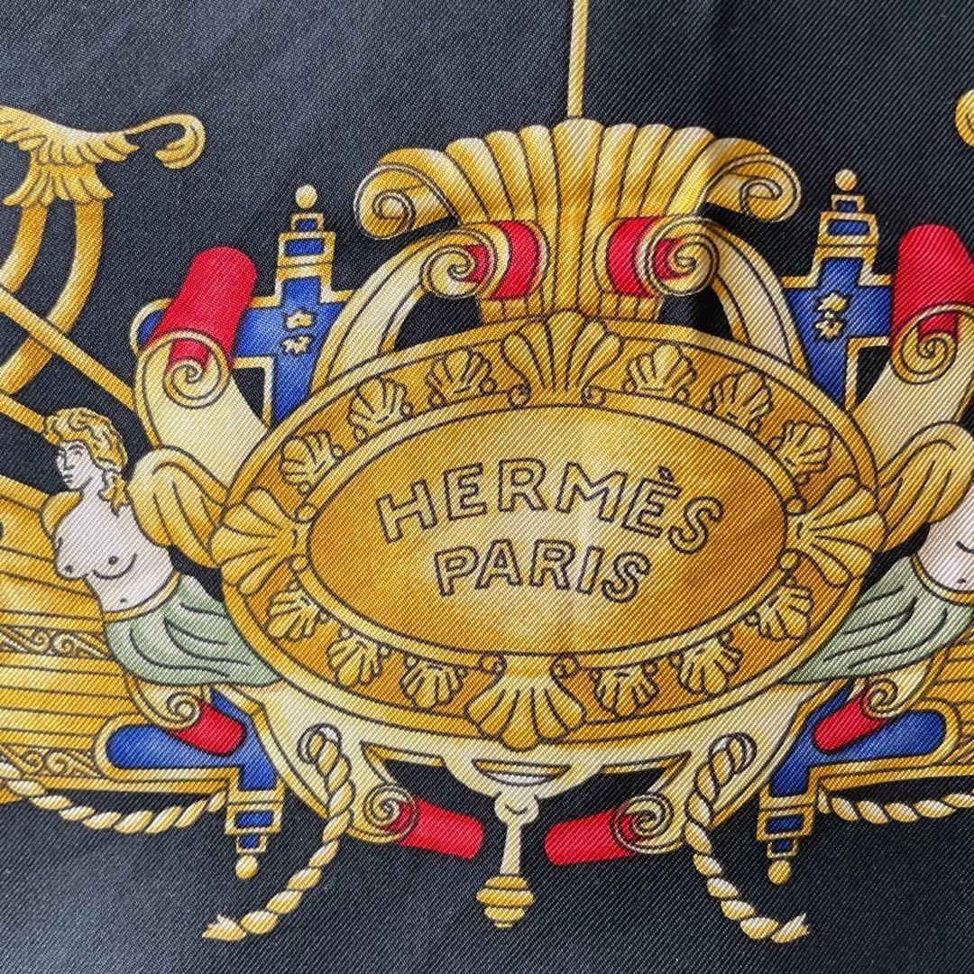 美品☆HERMES エルメス スカーフ カレ90 シルク 光の帆船 ブラック