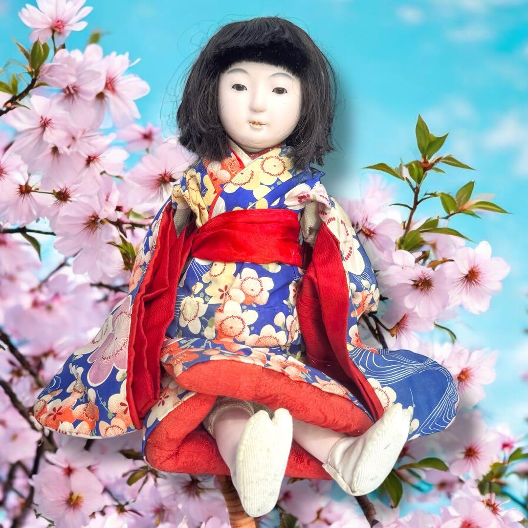 市松人形 明治期 1868年〜 三つ折れ ふいご 山桜 青縮緬着物 花柄 着物