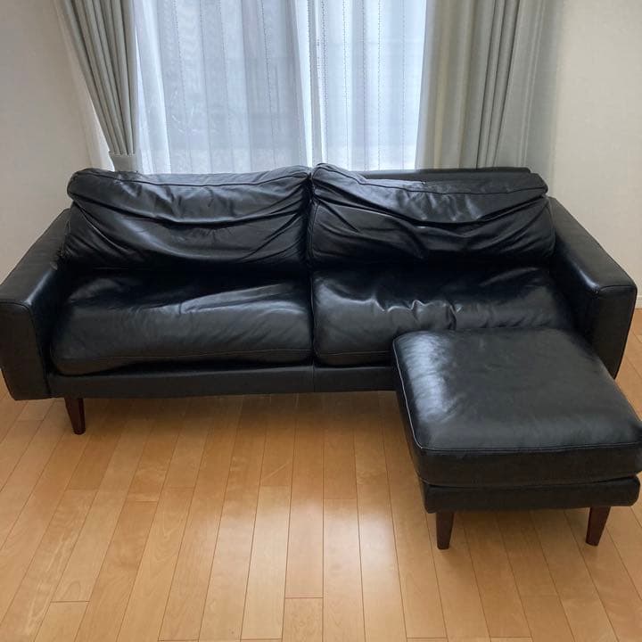 ソファー 黒 本皮 硬め オットマンなし ケユカ ３人がけ 直接引き取り可