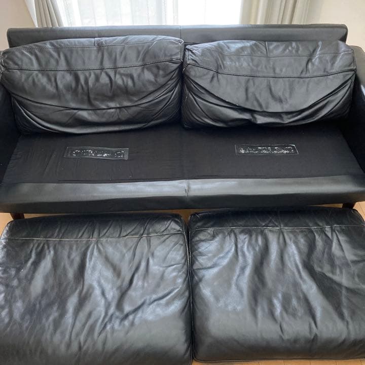 ソファー 黒 本皮 硬め オットマンなし ケユカ ３人がけ 直接引き取り可