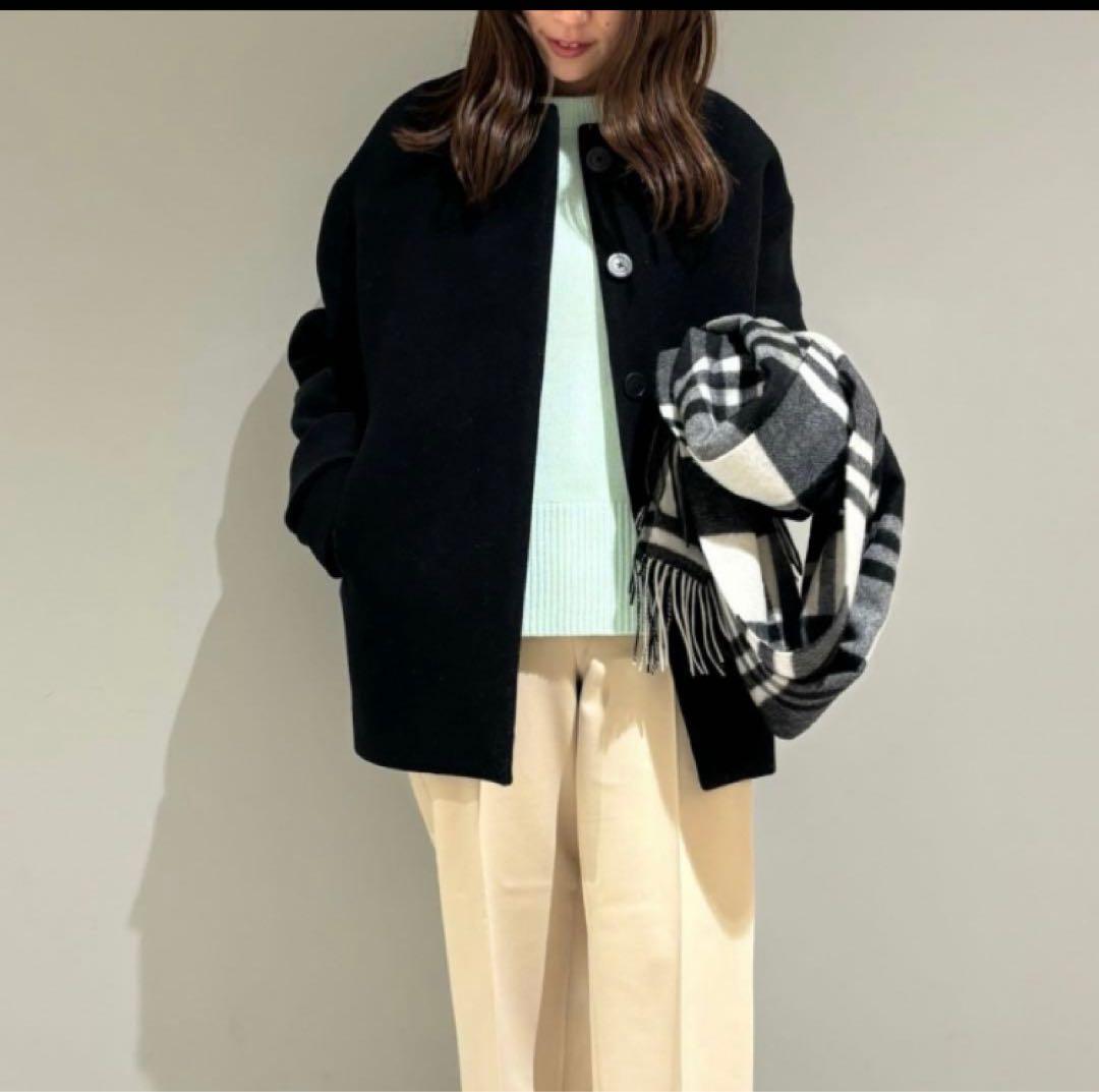 美品 PLST プラステ マンテコ ノーカラーハーフコート 黒 M