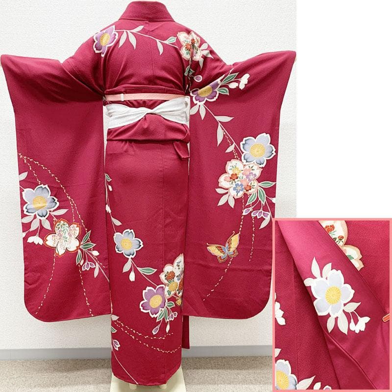 412z16☆中振袖 金駒刺繍 金彩 ちりめん 古典柄☆美品 成人式 結婚式