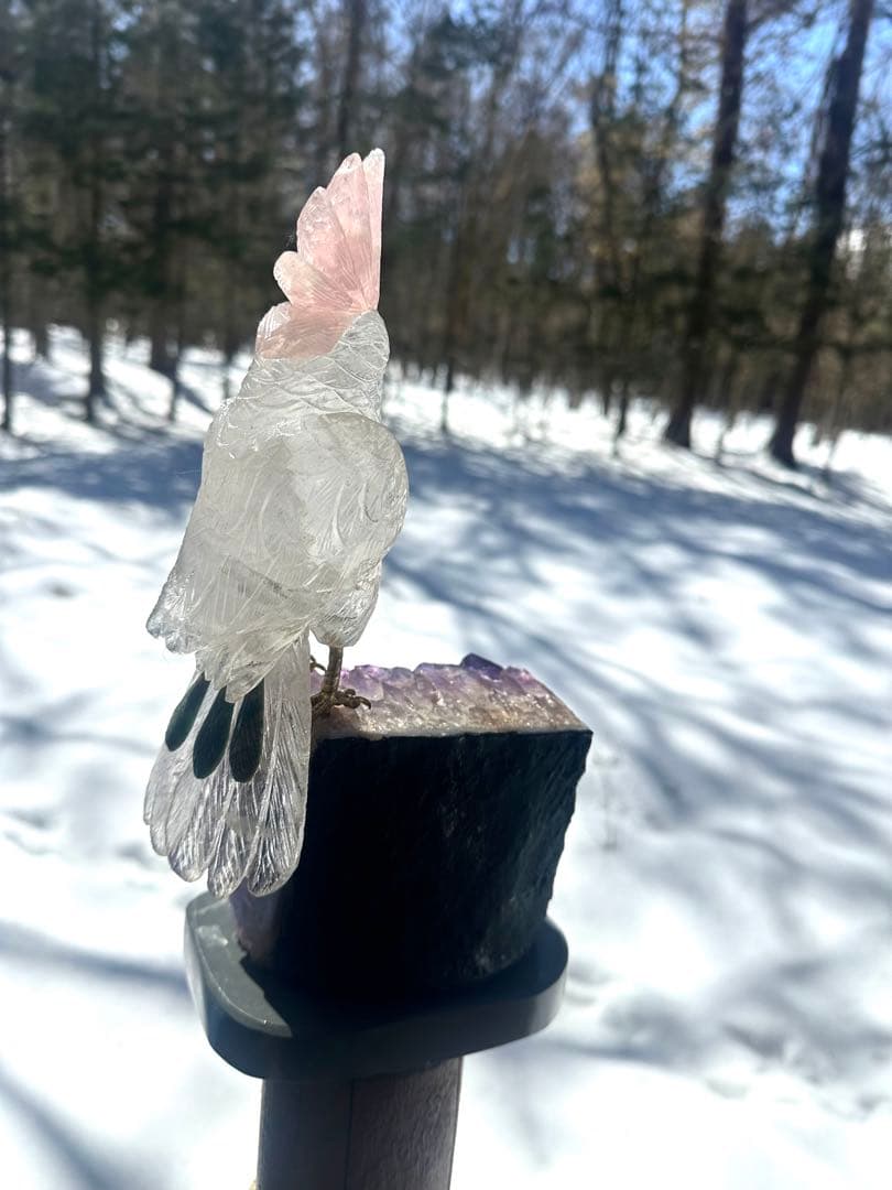 美品✨天然クリスタルとローズクオーツの鳥のオブジェ（アメジスト台座）