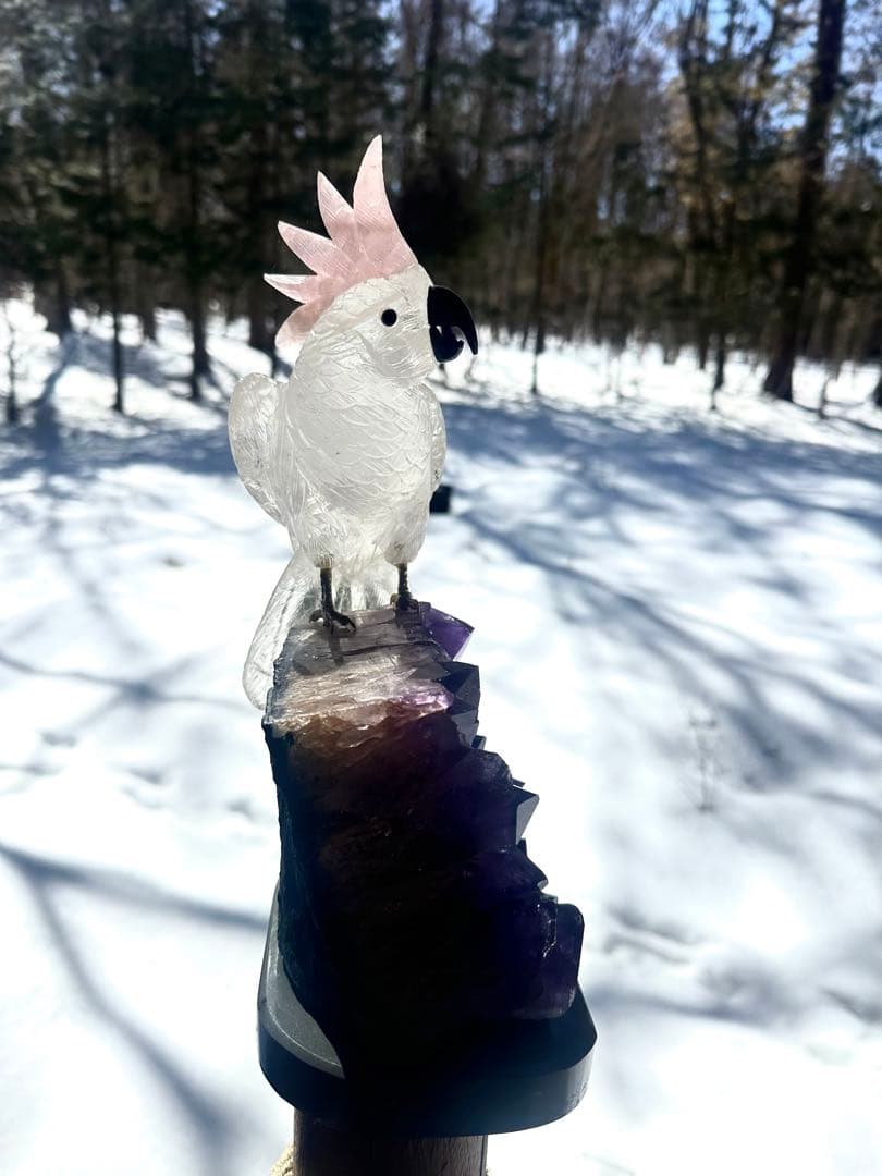 美品✨天然クリスタルとローズクオーツの鳥のオブジェ（アメジスト台座）