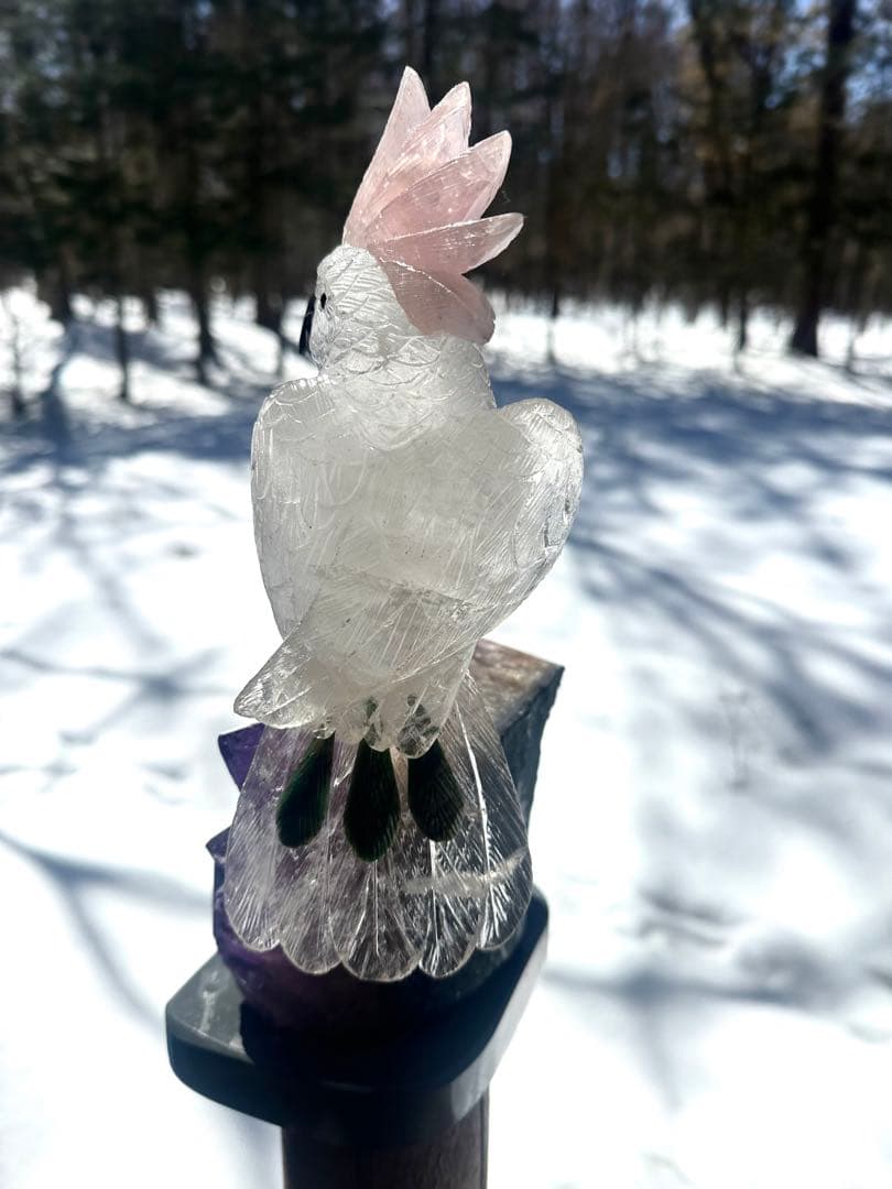 美品✨天然クリスタルとローズクオーツの鳥のオブジェ（アメジスト台座）