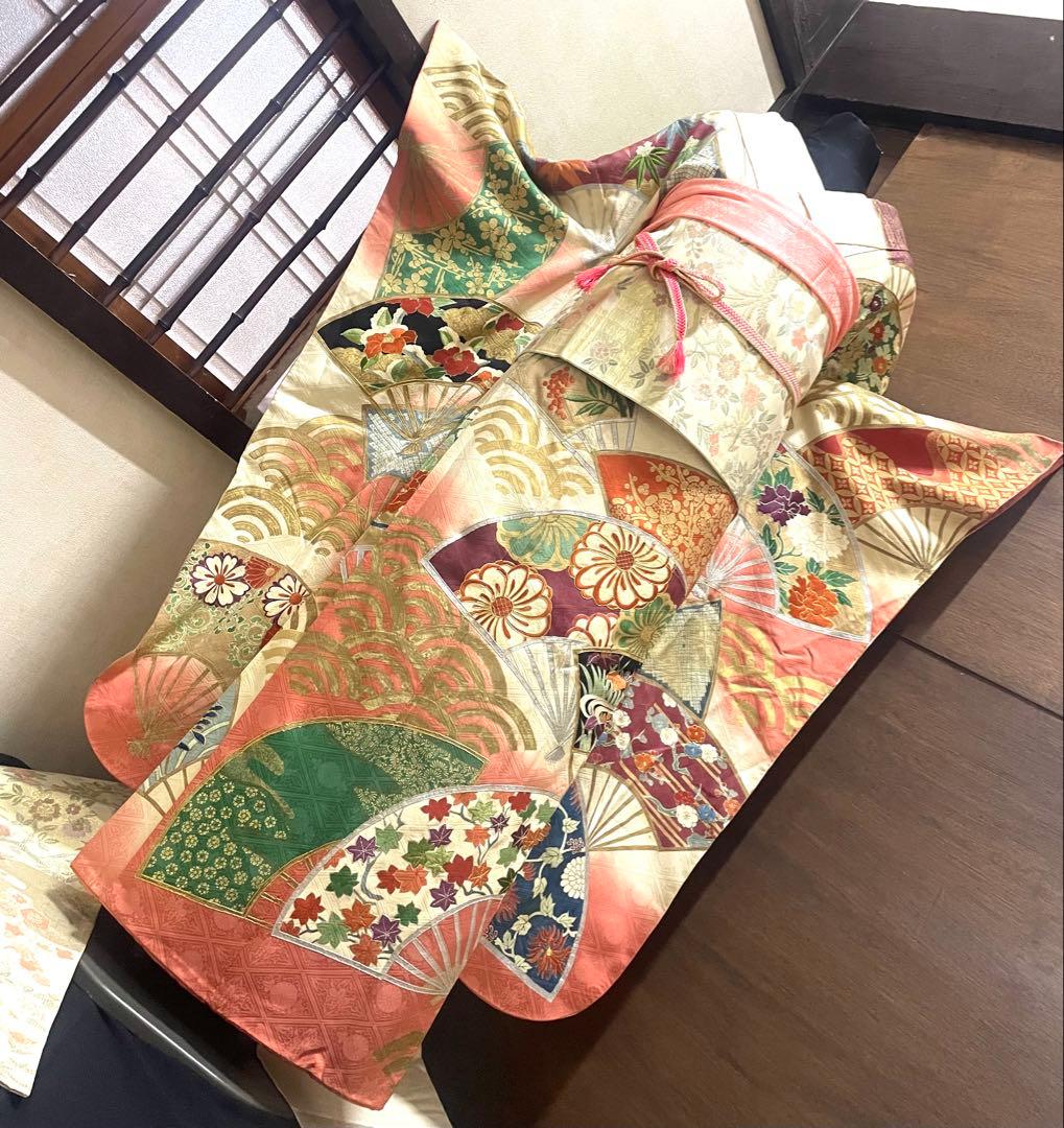 振袖フルセット6点サイズM〜Ｌ駒刺繍　扇面花文　暈し染め　金銀彩　金銀糸　正絹