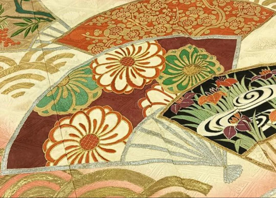 振袖フルセット6点サイズM〜Ｌ駒刺繍　扇面花文　暈し染め　金銀彩　金銀糸　正絹