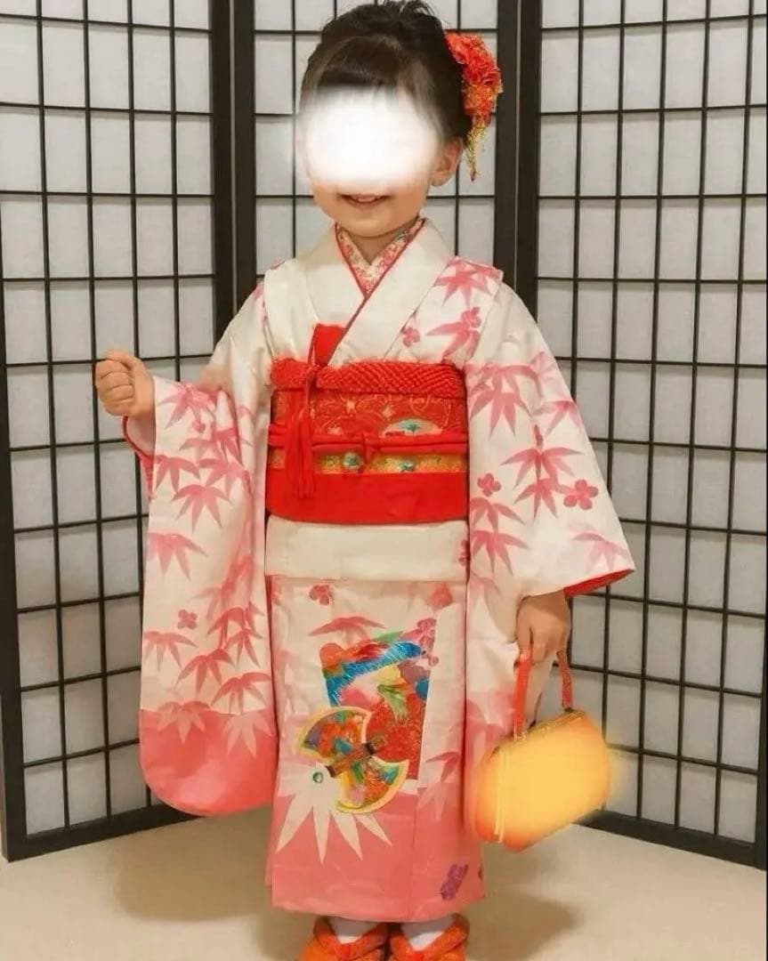 七五三　着物セット　正絹　3歳　オフホワイト×桃色