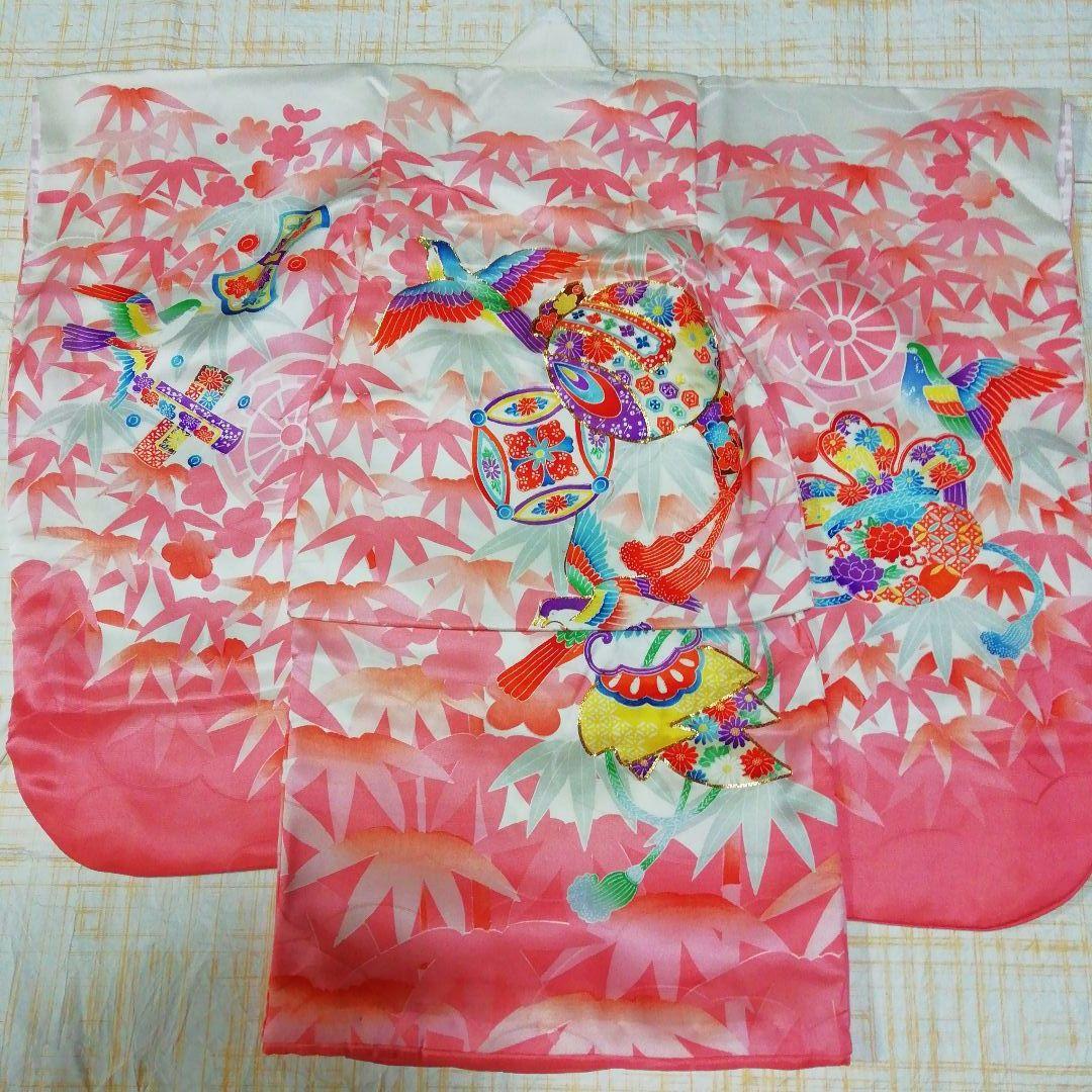 七五三　着物セット　正絹　3歳　オフホワイト×桃色