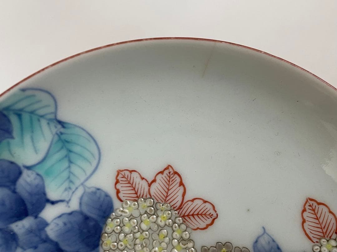 骨董　アンティーク　色絵紫陽花図　五寸皿　色鍋島　平戸　古平戸　ニュウあり