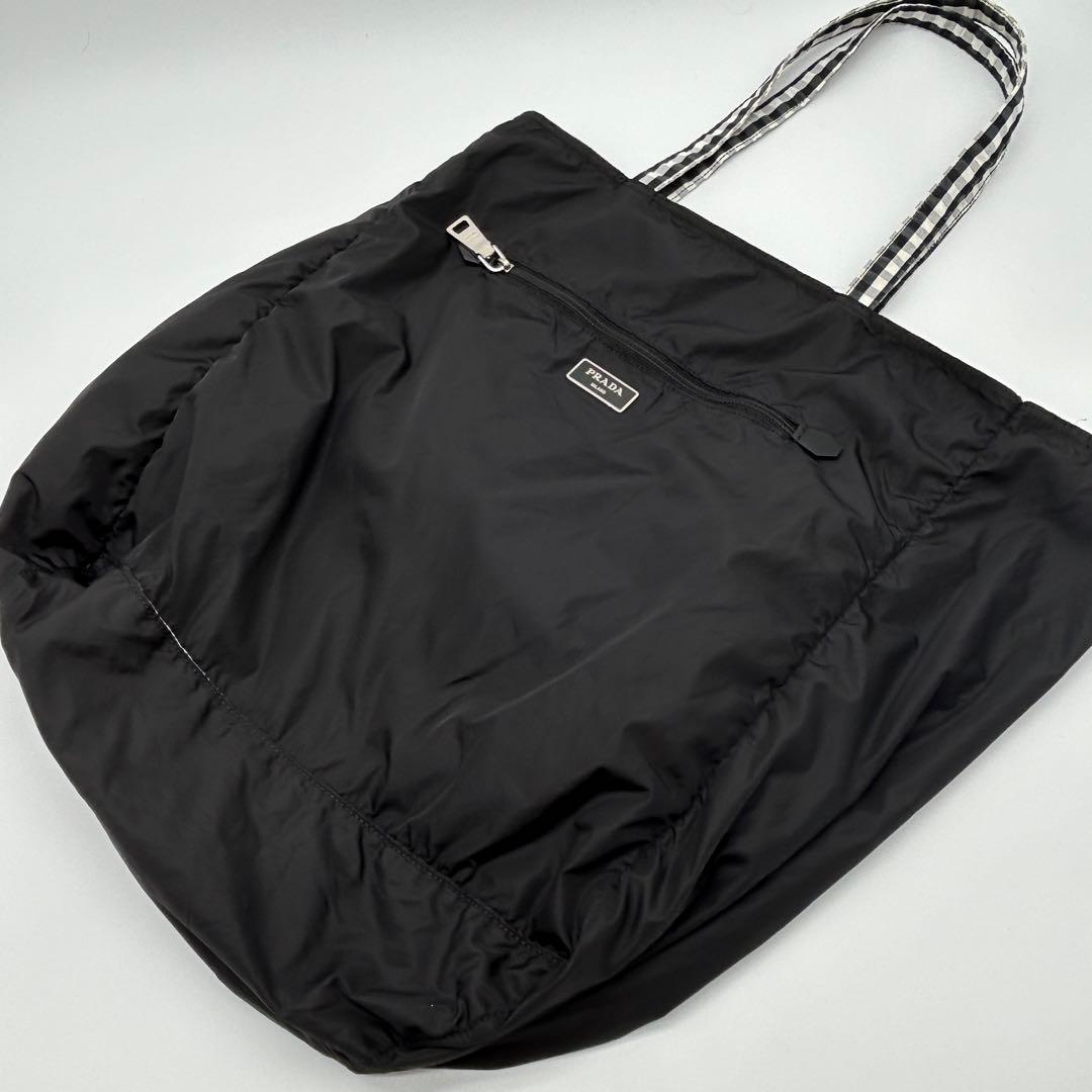 PRADA ギンガムチェック トートバッグ 三角ロゴ 大容量 ブラック 白タグ
