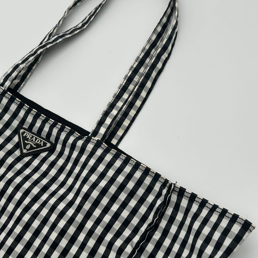 PRADA ギンガムチェック トートバッグ 三角ロゴ 大容量 ブラック 白タグ