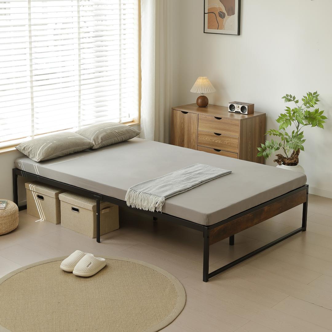 【ダブル D】ベッドフレーム パイプベッドパイプ+木 シングルベッド　BLACK