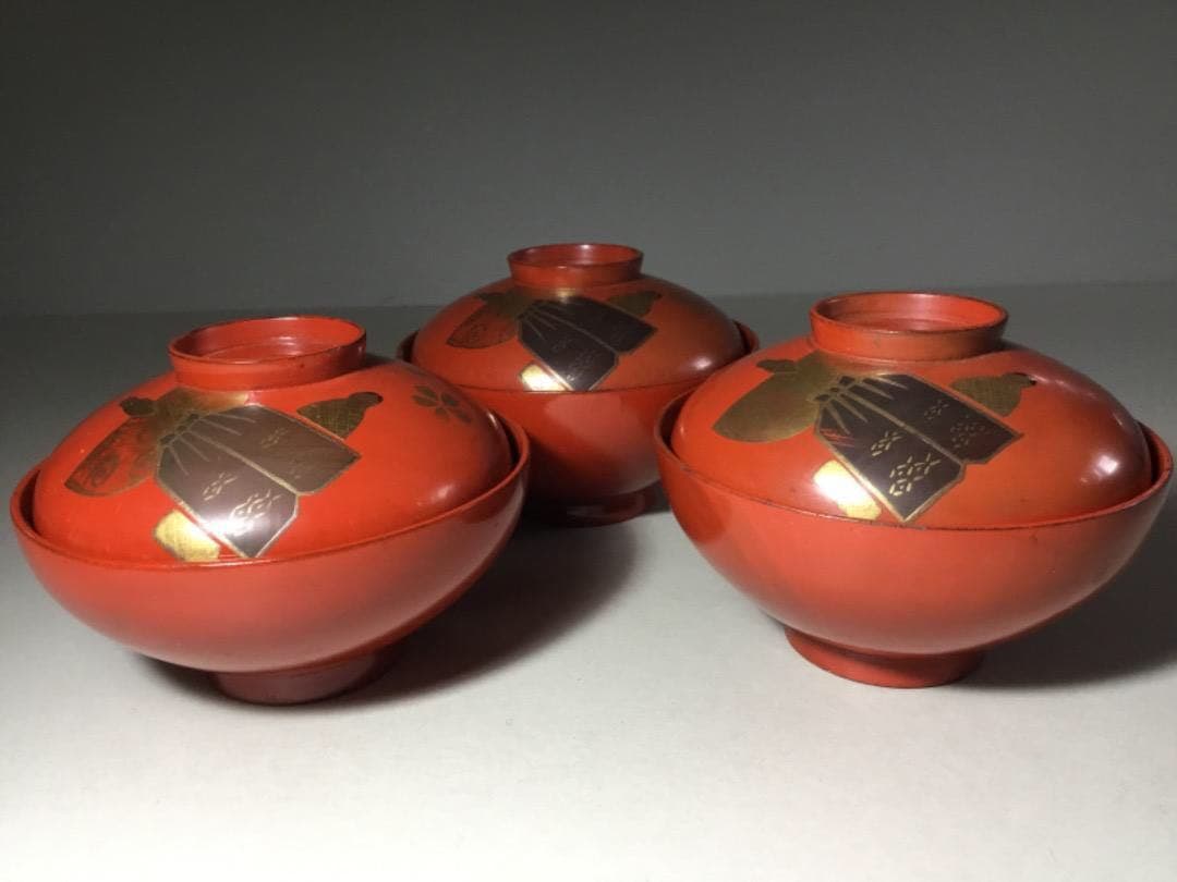 漆器◆雛人形文 / 吸い物椀３客◆傷みあり 雛コレクション 立ち雛 和食器