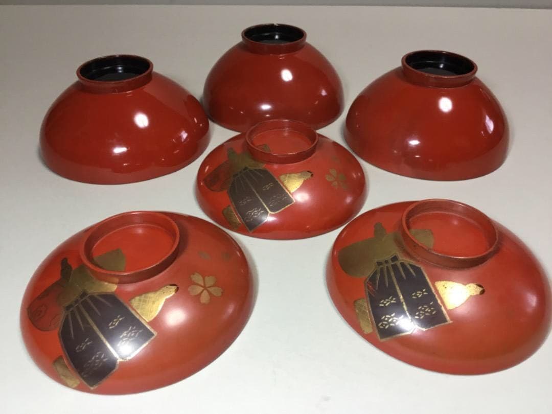 漆器◆雛人形文 / 吸い物椀３客◆傷みあり 雛コレクション 立ち雛 和食器