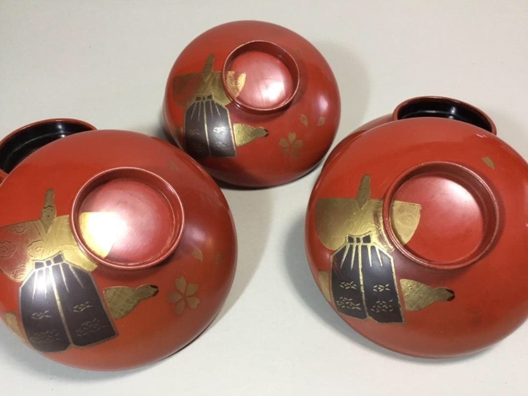 漆器◆雛人形文 / 吸い物椀３客◆傷みあり 雛コレクション 立ち雛 和食器