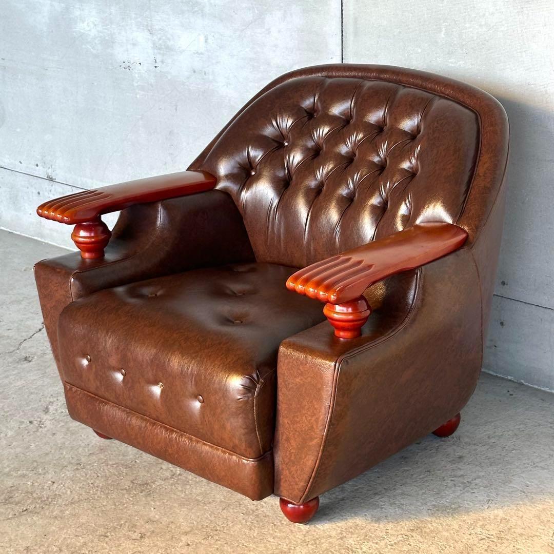 ✦70s✦チェスターフィールド調 PUレザー 1人掛けソファ　アンティーク