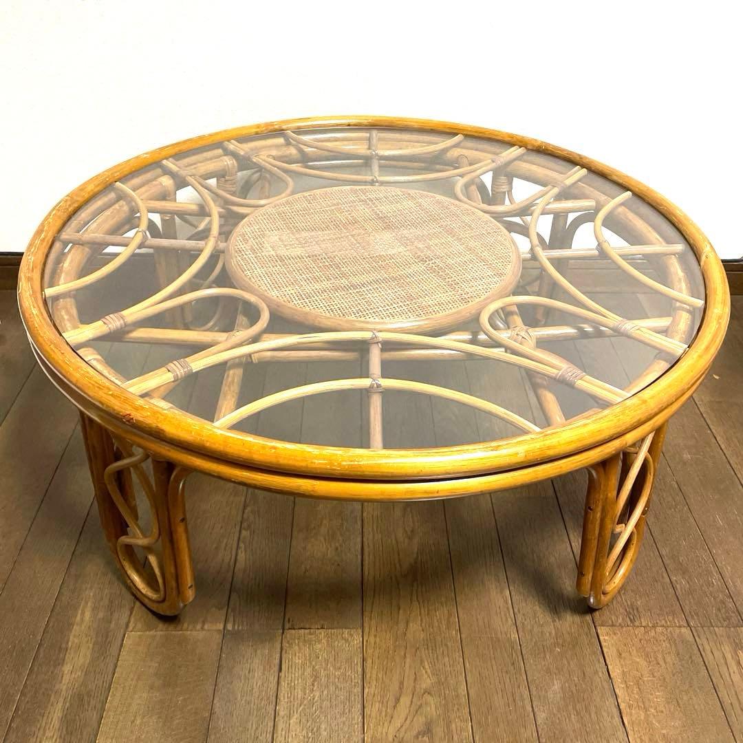 天然籐家具 ナチュラルラタン製ガラステーブル 丸テーブル 円形大判レトロモダン